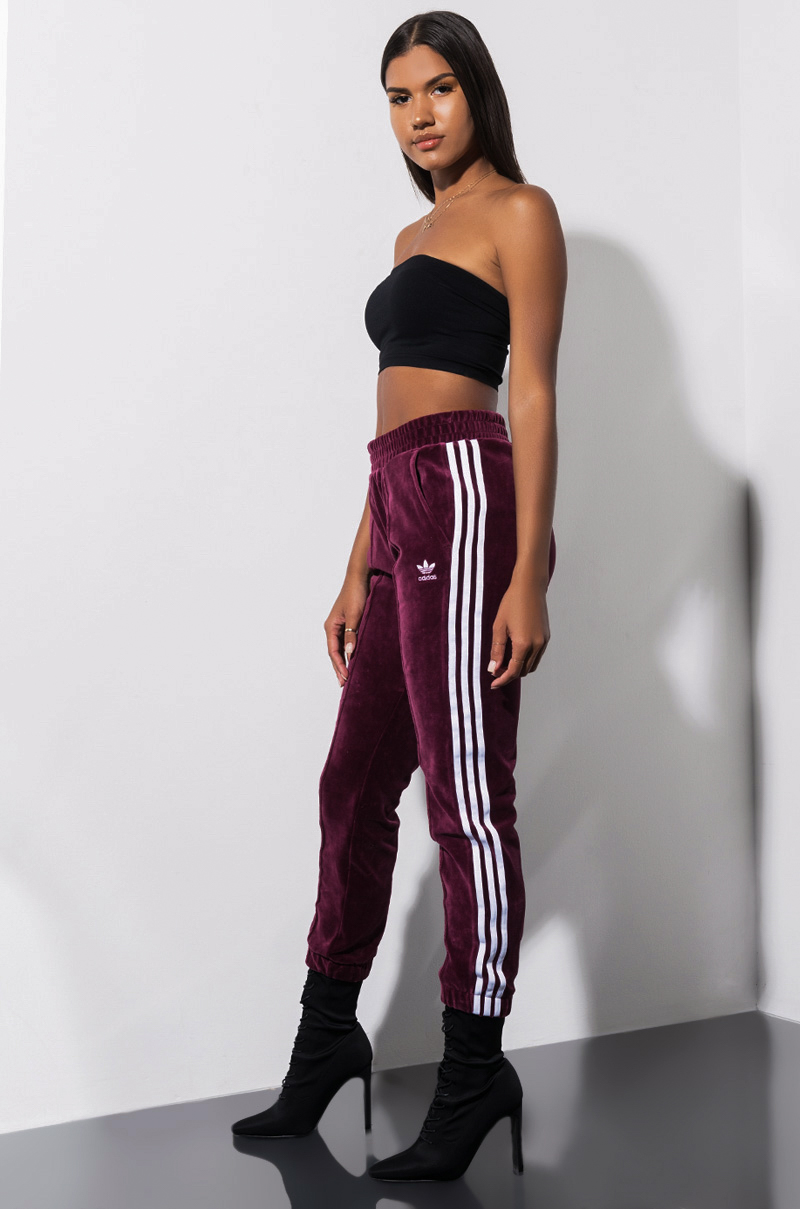 adidas velour side stripe cuffed jogger pant in maroon