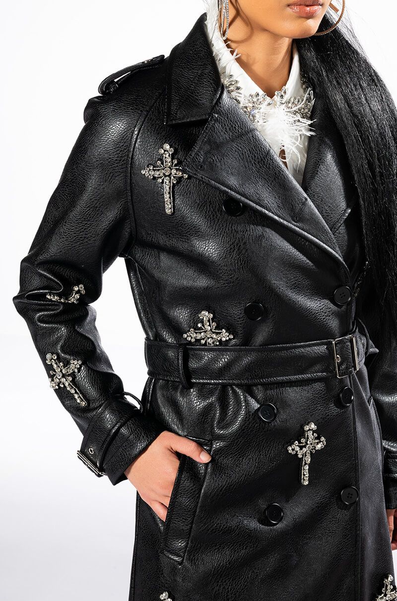 BLESSED AND WELL DRESSED RHINESTONE CROSS PLEATHER TRENCH