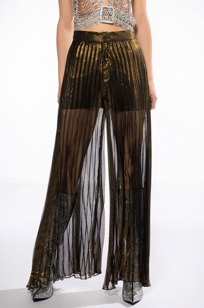 DISCO FLAIR PLEATED WIDE LEG PANTS in gold
