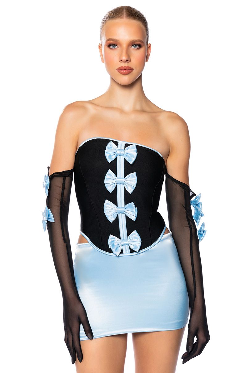 DREA BANDAGE CORSET DETAIL DRESS WITH GLOVES IN LIGHT BLUE