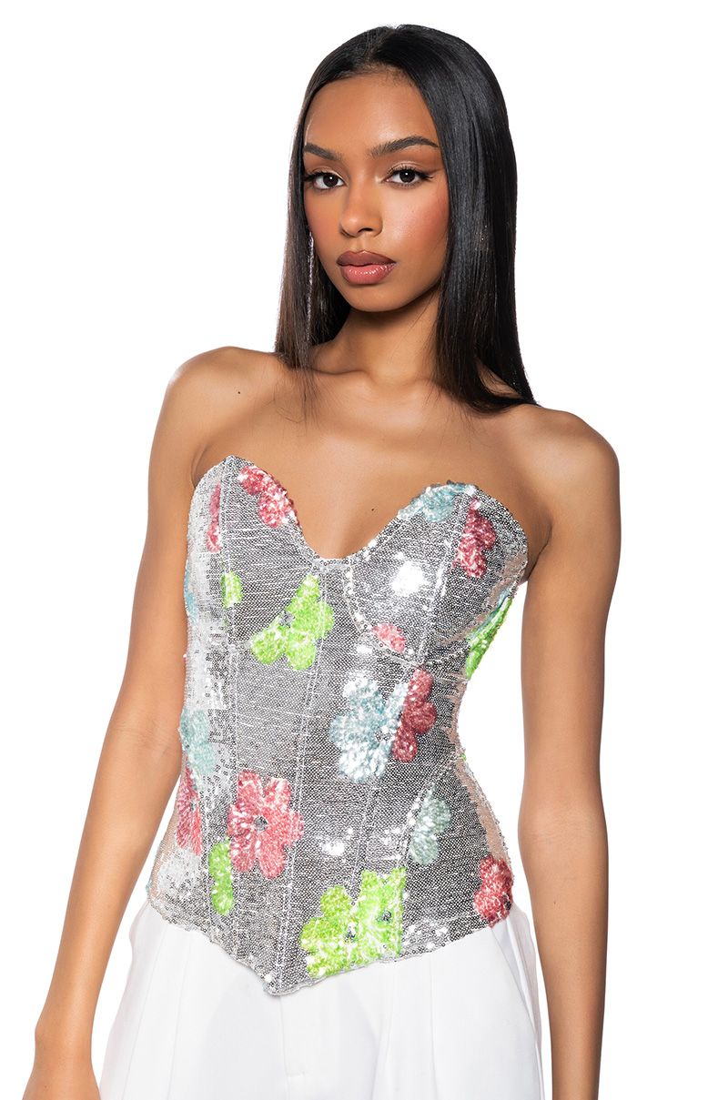 FLOWER POWER SEQUIN COVERED CORSET TOP IN SILVER