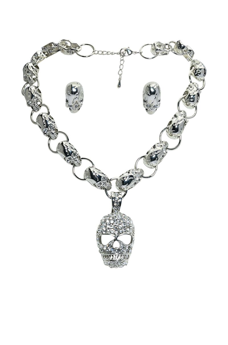 IM ICONIC EMBELLISHED SKULL STATEMENT CHOKER AND EARRINGS SET in silver