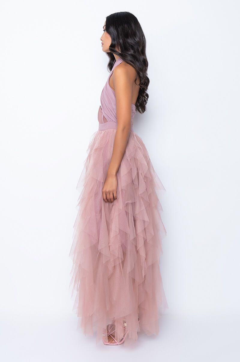 LOVE IN A HOPELESS PLACE TULLE RUFFLE DETAIL HALTER MAXI DRESS