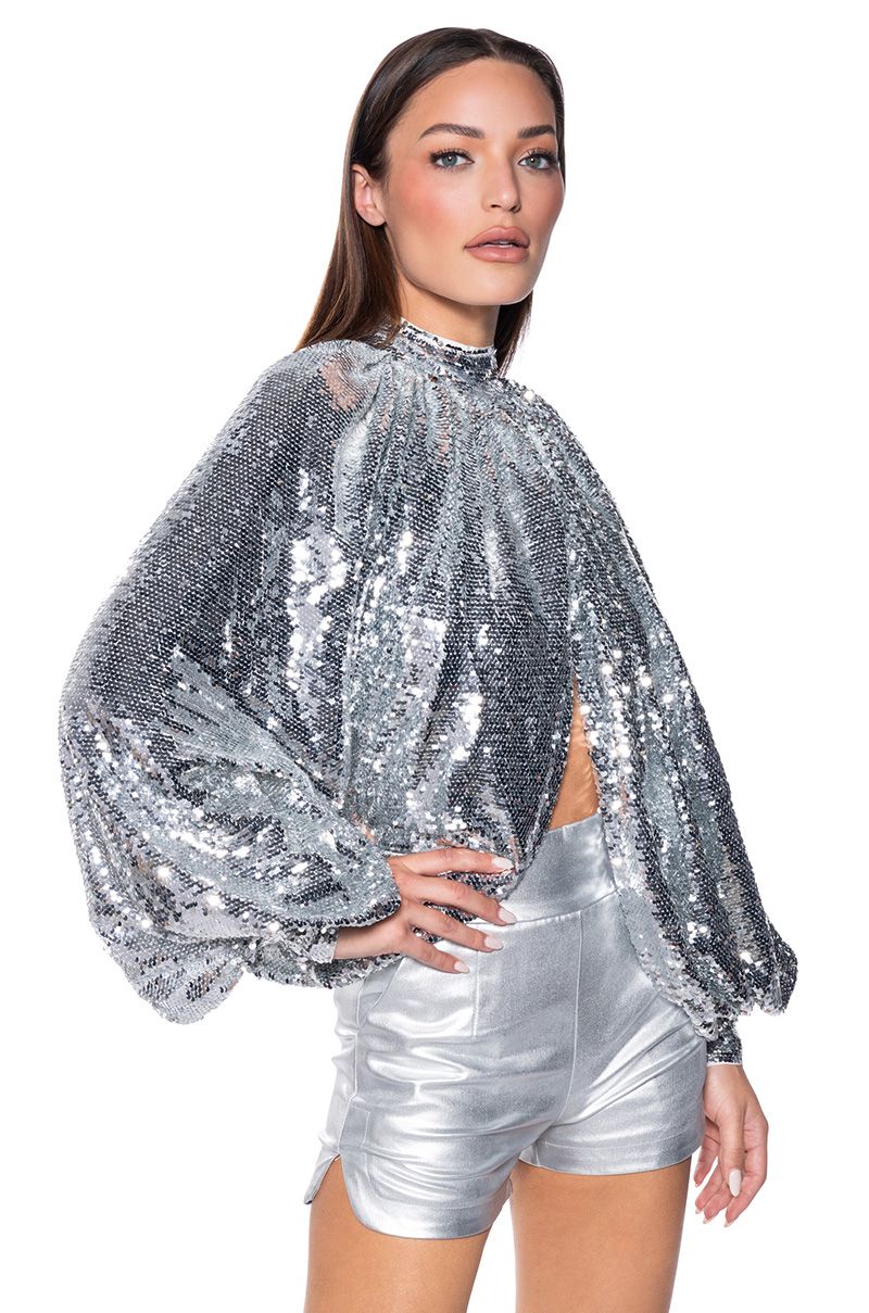 Chase A Feeling Silver Long Sleeve Sequin Crop Top