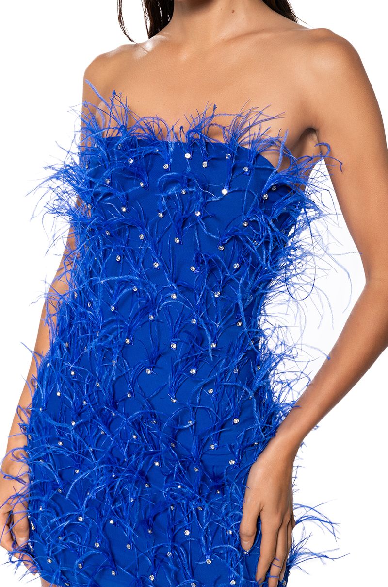 Ostrich Feather Embellished Strapless Mini Dress in Blue