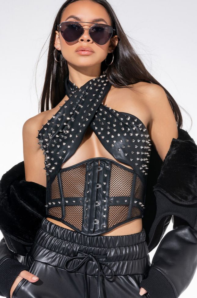0 TO 100 STUDDED FAUX LEATHER MESH CORSET
