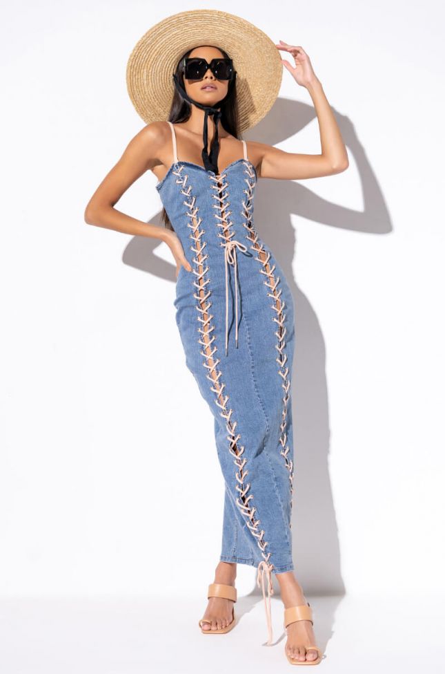 Front View 3 Is Better Than 2 Maxi Lace Up Dress in Medium Blue Denim