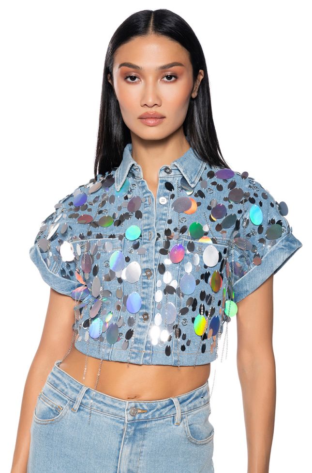 Extra View A Girl Named Lucky Embellished Button Down Denim Crop Top