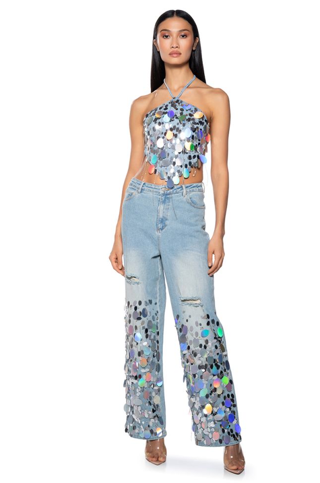 Side View A Girl Named Lucky Embellished Wide Leg Ripped Jeans