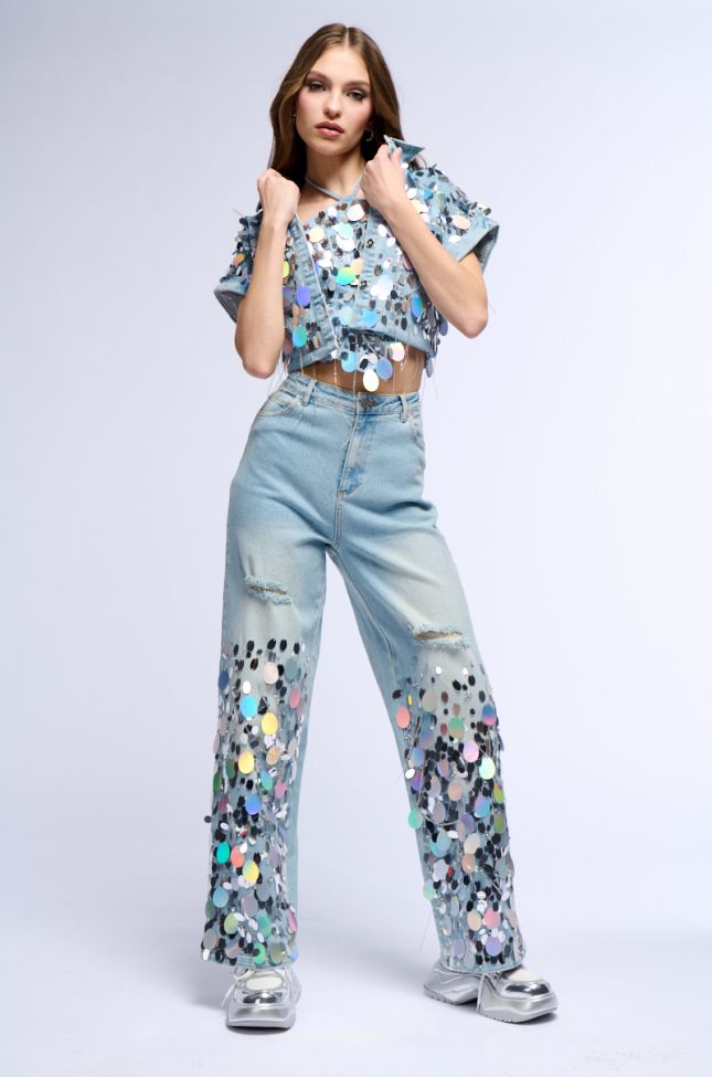 Side View A Girl Named Lucky Embellished Wide Leg Ripped Jeans