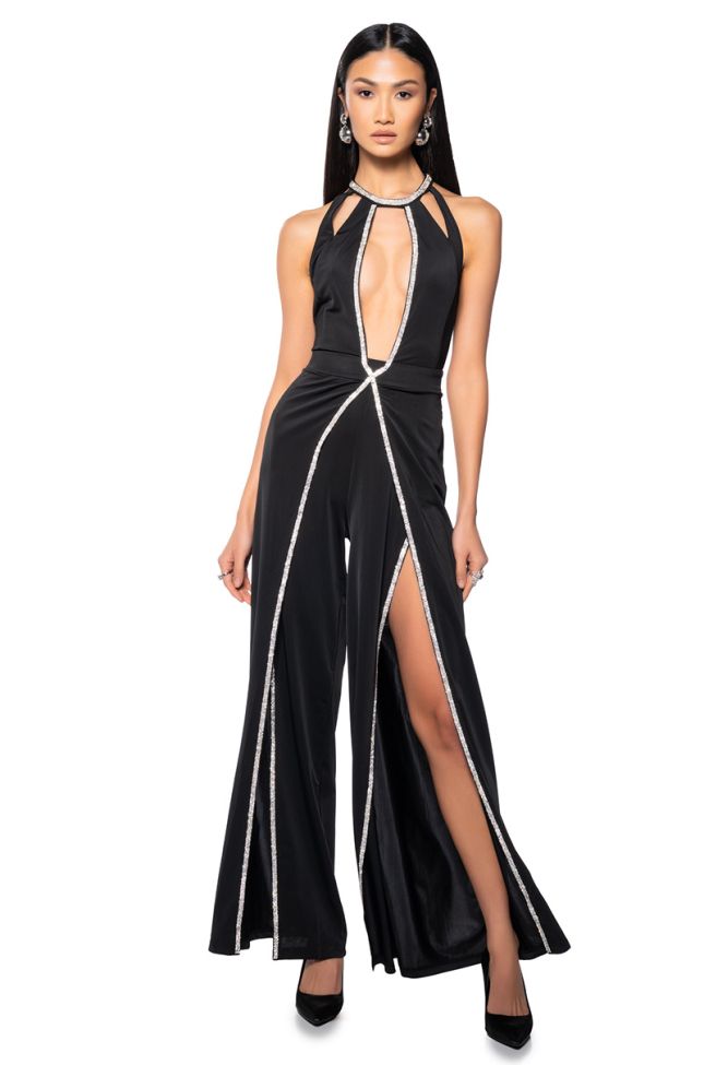Front View A Little Bit Of Class Rhinestone Cut Out Jumpsuit