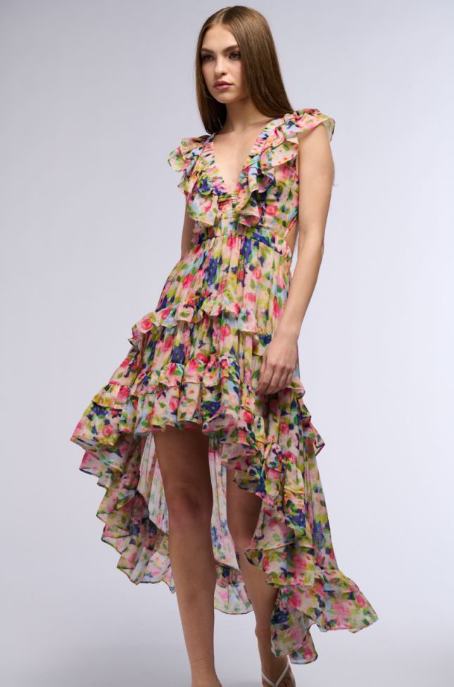 Front View A Work Of Art Printed High Low Mini Dress