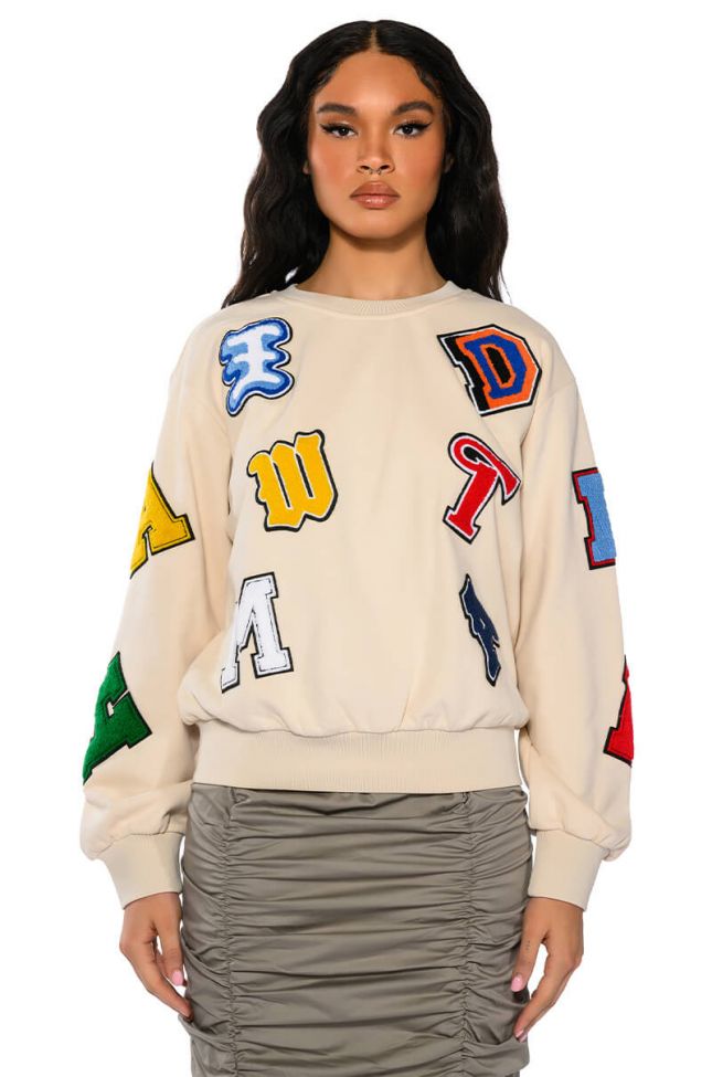 Front View Abcdefu Patchwork Crew Neck Pull Over