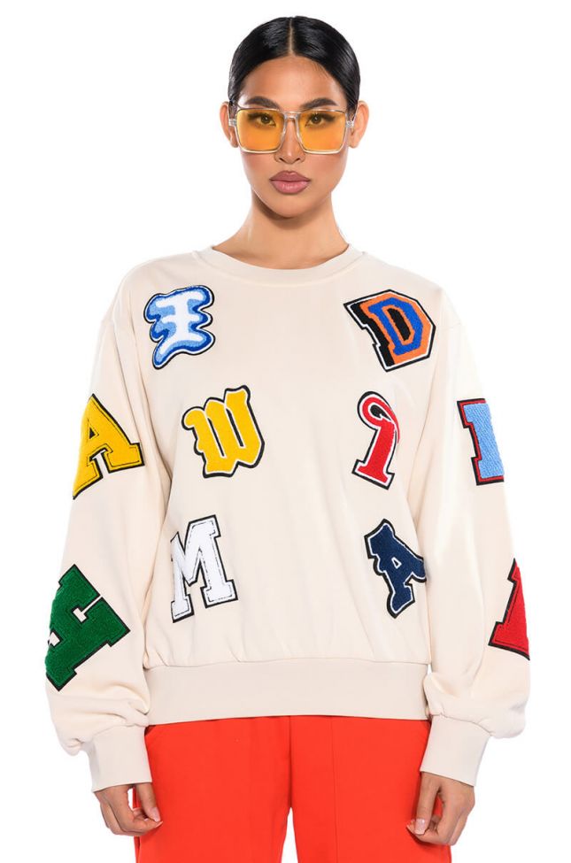 Front View Abcdefu Patchwork Crew Neck Pull Over
