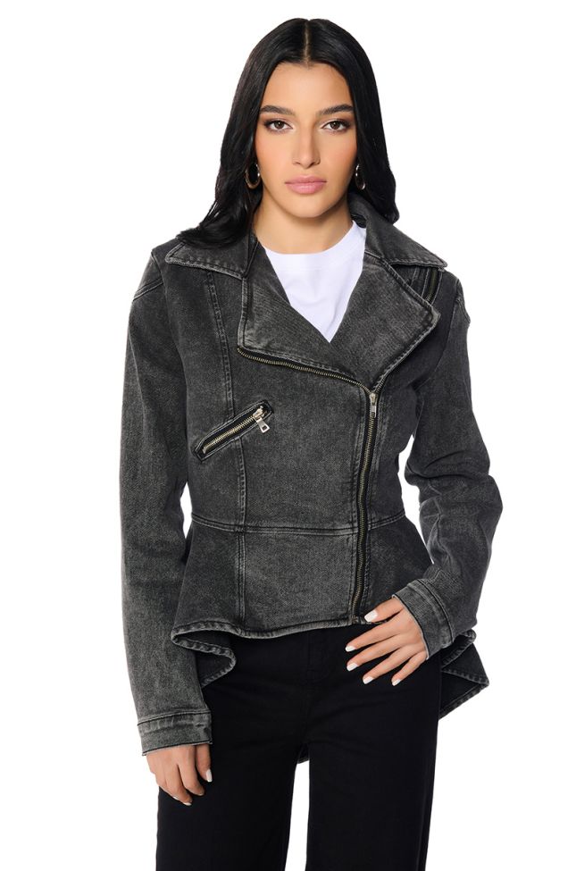 Front View About That Time Denim Peplum Moto Jacket