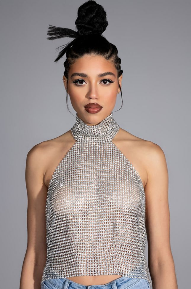 Front View Above All Rhinestone Halter Top