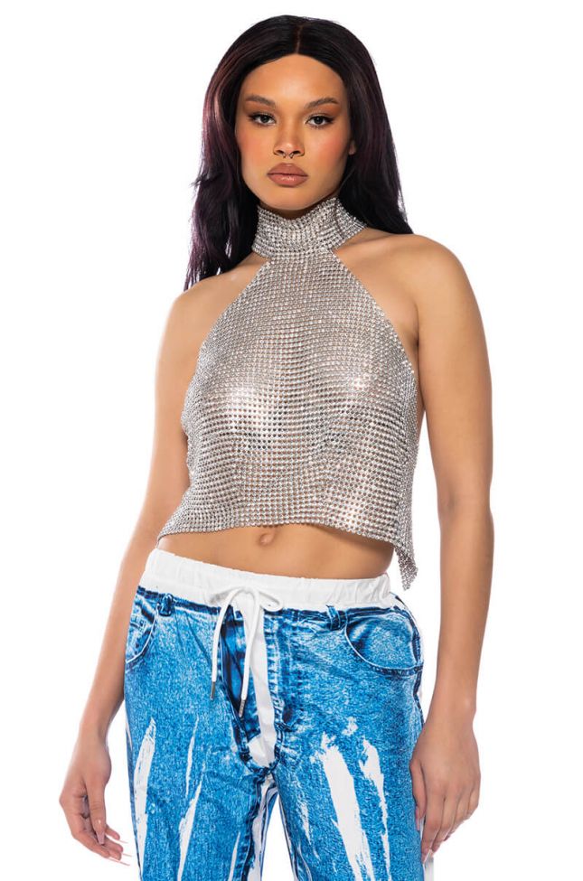 Front View Above All Rhinestone Halter Top