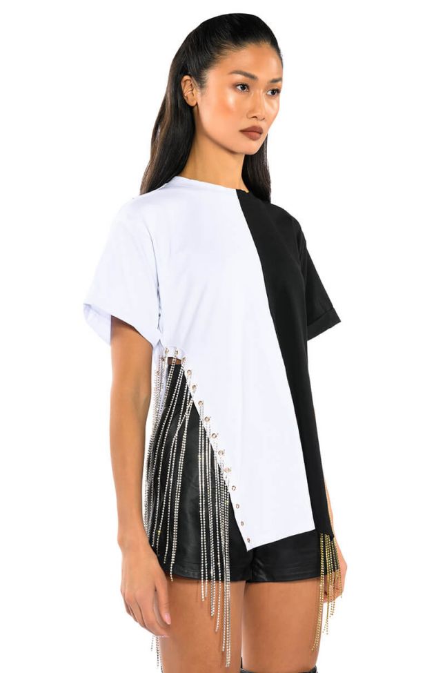 Side View Above Average Colorblock Rhinestone Detail Oversized Tee