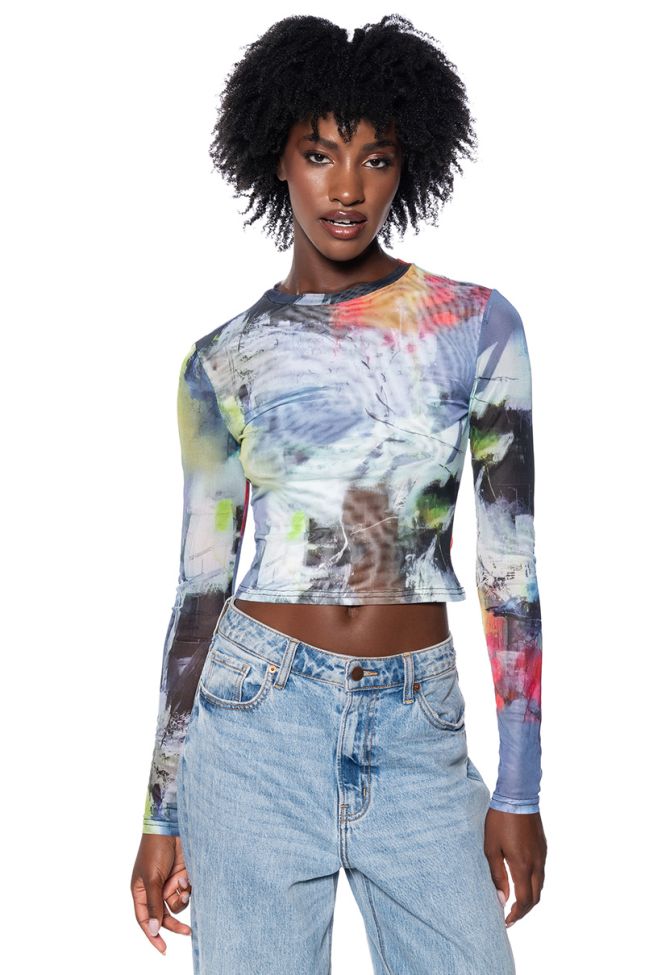 Front View Abstract Art Long Sleeve Mesh Top