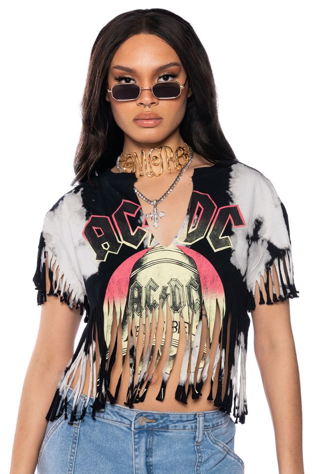 Front View Acdc Cropped Fringe Graphic Tshirt