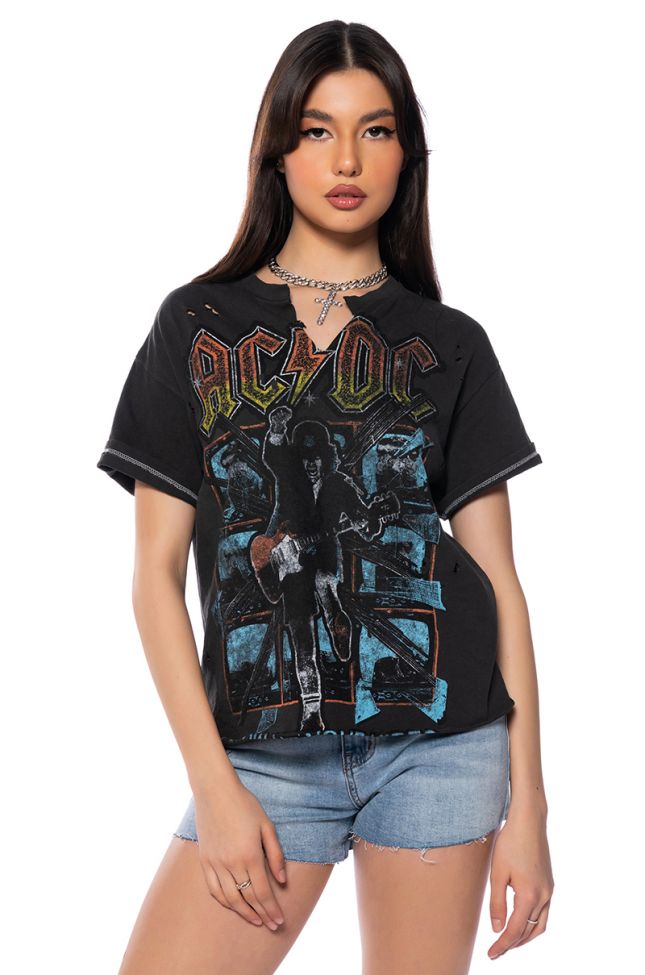 Front View Acdc Distressed Crop Graphic Tshirt