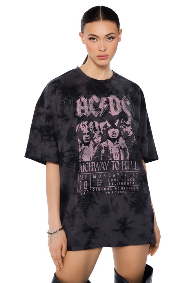 Front View Acdc Highway To Hell Rhinestone Star Graphic Tee