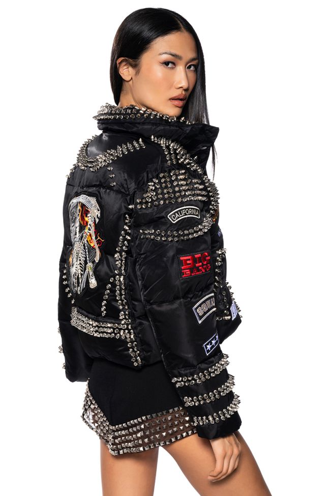 Side View Acdc Spiked Patch Puffer Coat