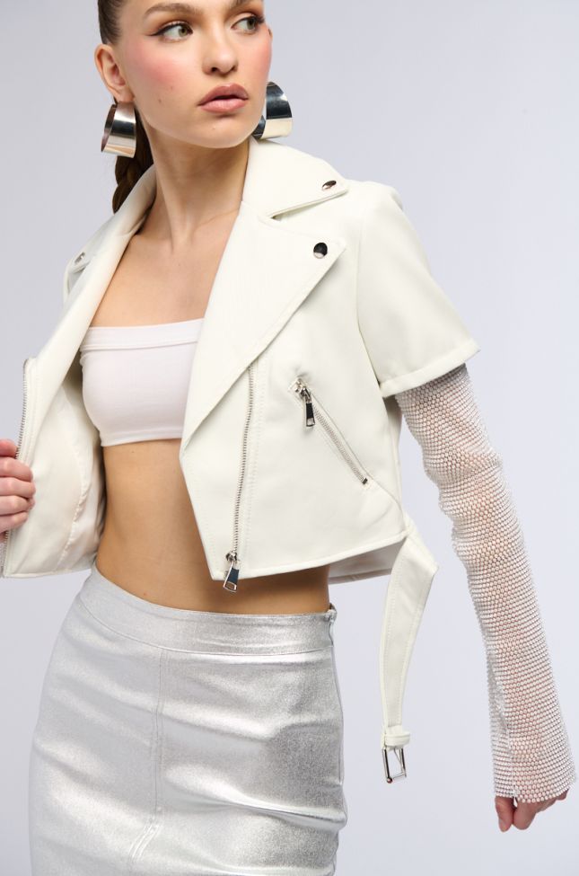 Detail View Acerola Bling Rhinestone Sleeve Moto Jacket In White
