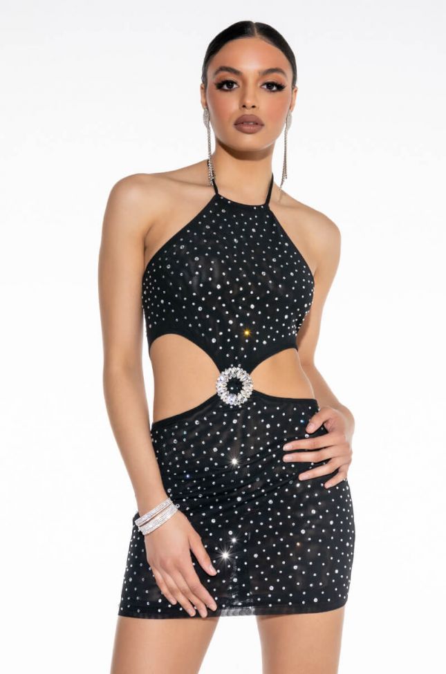 Front View Addicted To This Rhinestone Mini Dress With Cut Out