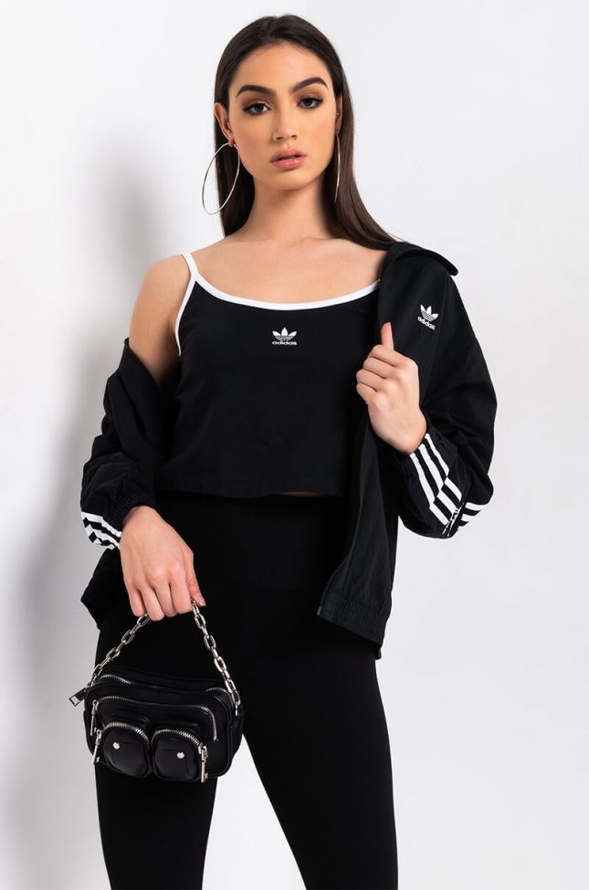 Side View Adidas Womens Spaghetti Strap Crop Top in Black White