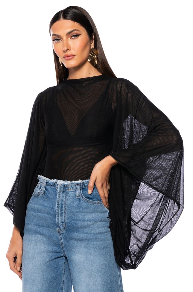 Front View Adore Bell Sleeve Mesh Top In Black