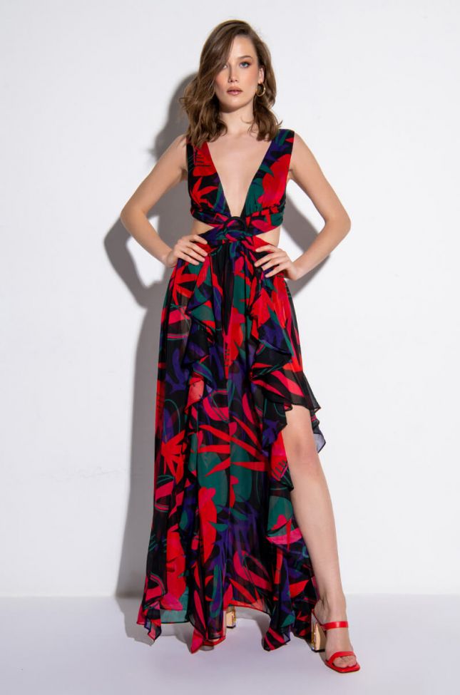 Front View Adore Printed Lace Up Maxi Dress