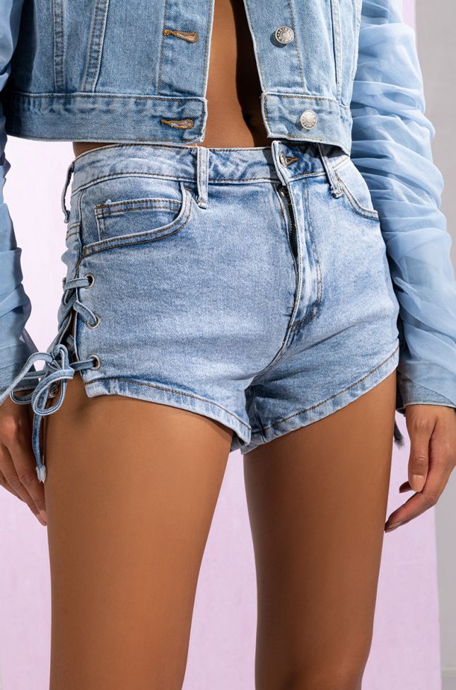 Side View Adriana Lace Up Denim Shorts