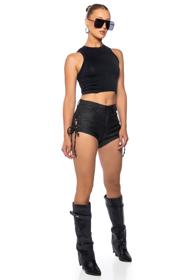 Back View Adriana Lace Up Faux Leather Shorts