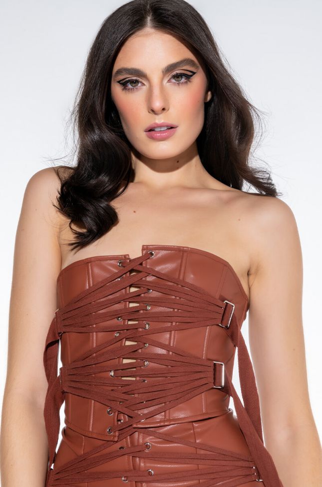 Front View After The After Party Lace Up Faux Leather Bustier