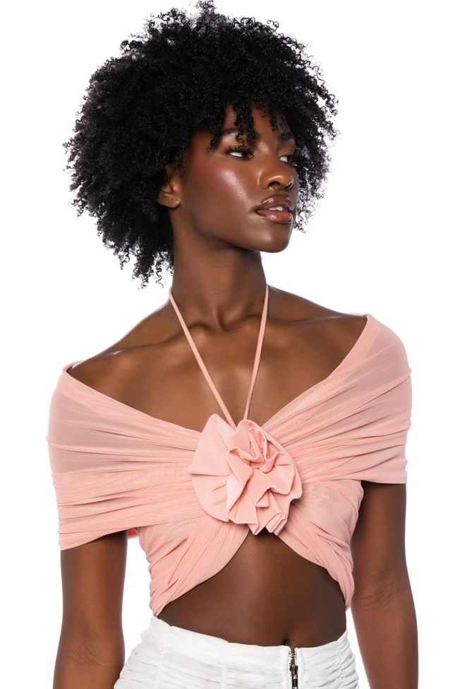 Front View Aira Mesh Off The Shoulder Halter Crop Top In Blush Pink