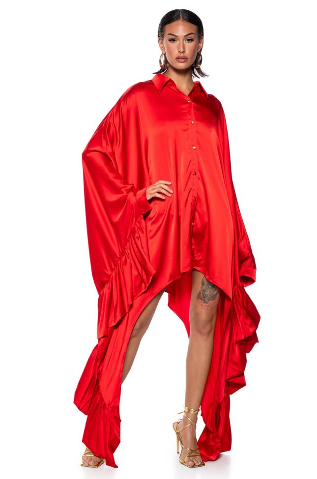 Front View Alicia Button Down Dramatic Ruffle Sleeve Dress In Red