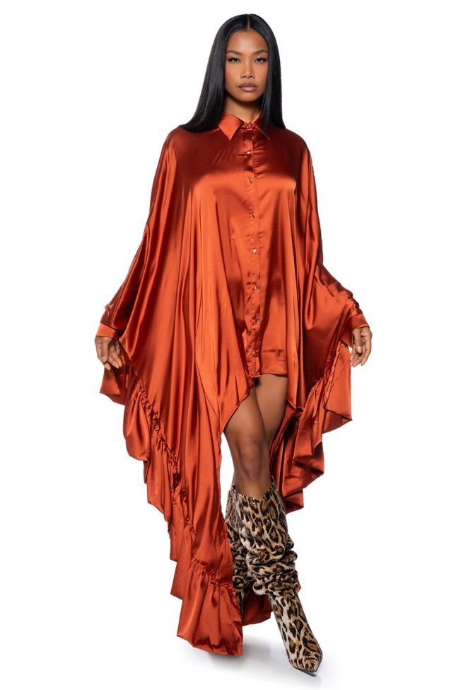 Front View Alicia Button Down Dramatic Ruffle Sleeve Dress In Rust