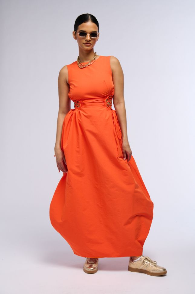 Front View Alina Convertible Lace Up Detail Maxi Dress In Orange