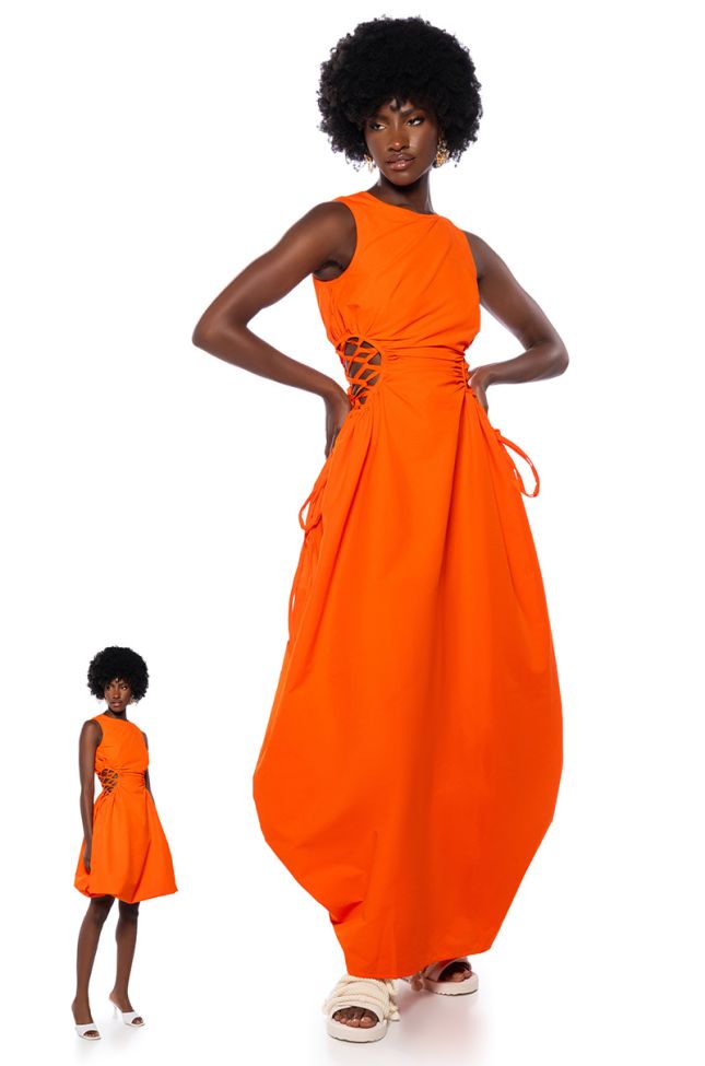 Front View Alina Lace Up Detail Maxi Dress In Orange