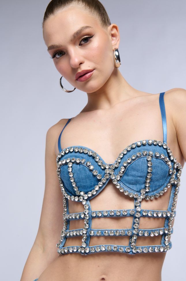Front View All About Me Rhinestone Denim Corset Top