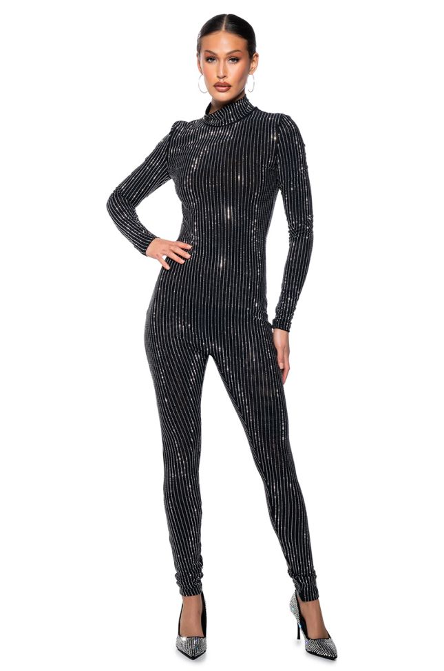 Front View All About Me Striped Rhinestone Jumpsuit