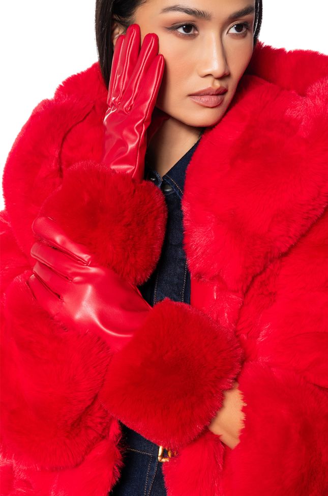 Front View All I Want Is Money Faux Fur Gloves In Red