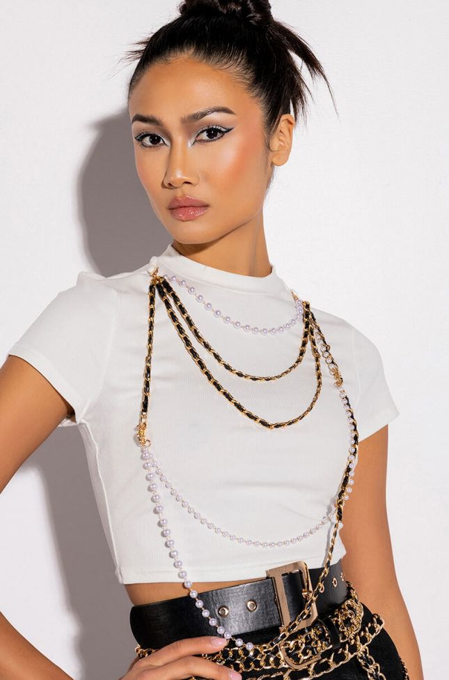 Front View All In One Pearl Chain Detail Ribbed Mock Neck Crop Top