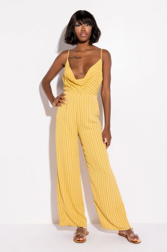 Front View All In Stripes Cowl Neck Jumpsuit