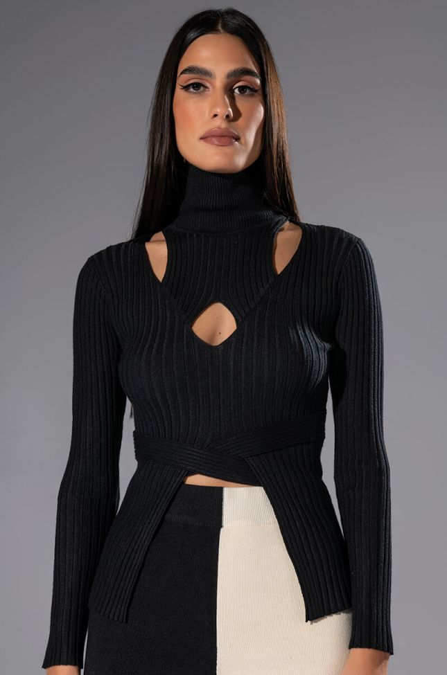 Front View All In The Details Cut Out Turtleneck Tie Waist Sweater
