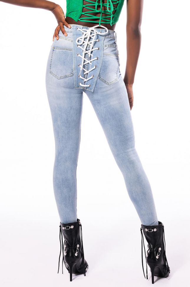 Front View All Over Lace Up Back Skinny Jeans