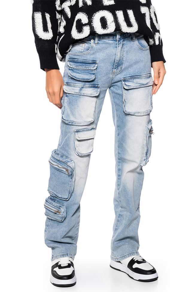 Front View All Over Pocket Detail Relaxed Fit Jeans