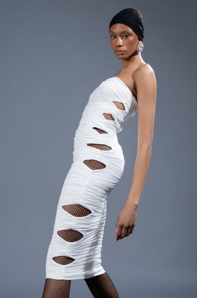 Front View All Ruched Up Mesh Midi Tube Dress