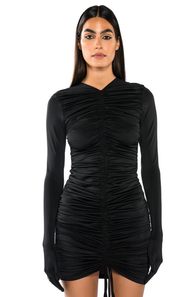 ALL THAT RUCHED BODYCON GLOVED MINI DRESS IN BLACK